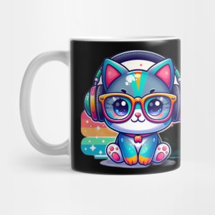 Cute Colorful Cat with glasses and headphone Mug